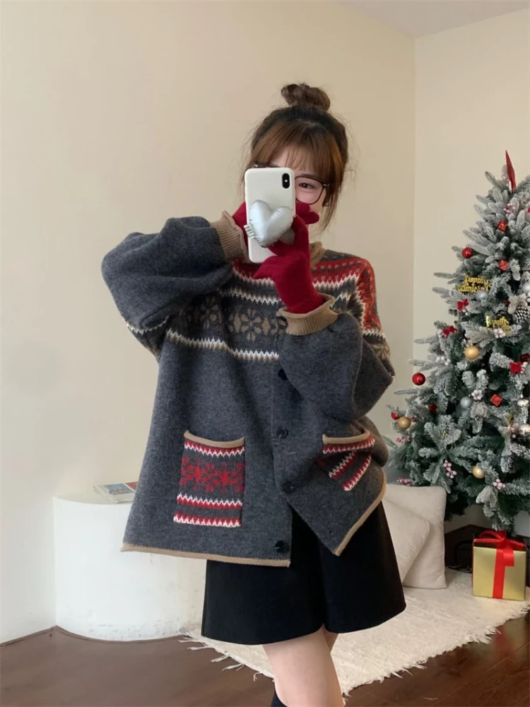 Осень/зима 2024 модный новый женский теплый вязаный кардиган с принтом в