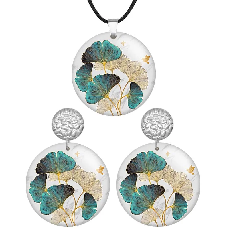 

Artist Flowers Pattern Image Round Wooden Pendant Necklaces & Earrings For Women Stainless steel Piercing Jewelry Sets S0261