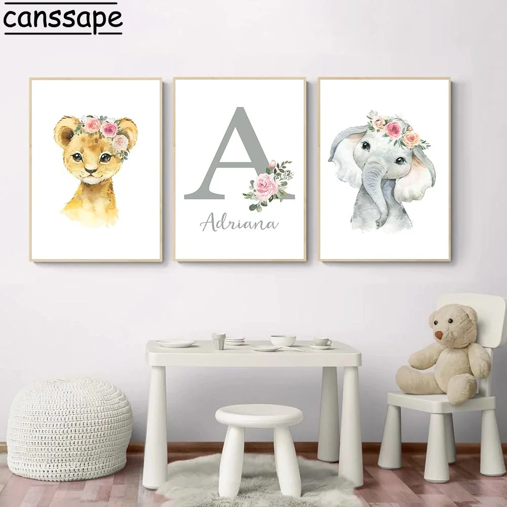 

Personalized Initial Custom Name Poster Elephant Nursery Canvas Paintings Flower Wall Art Print Pictures Baby Girl Room Decor