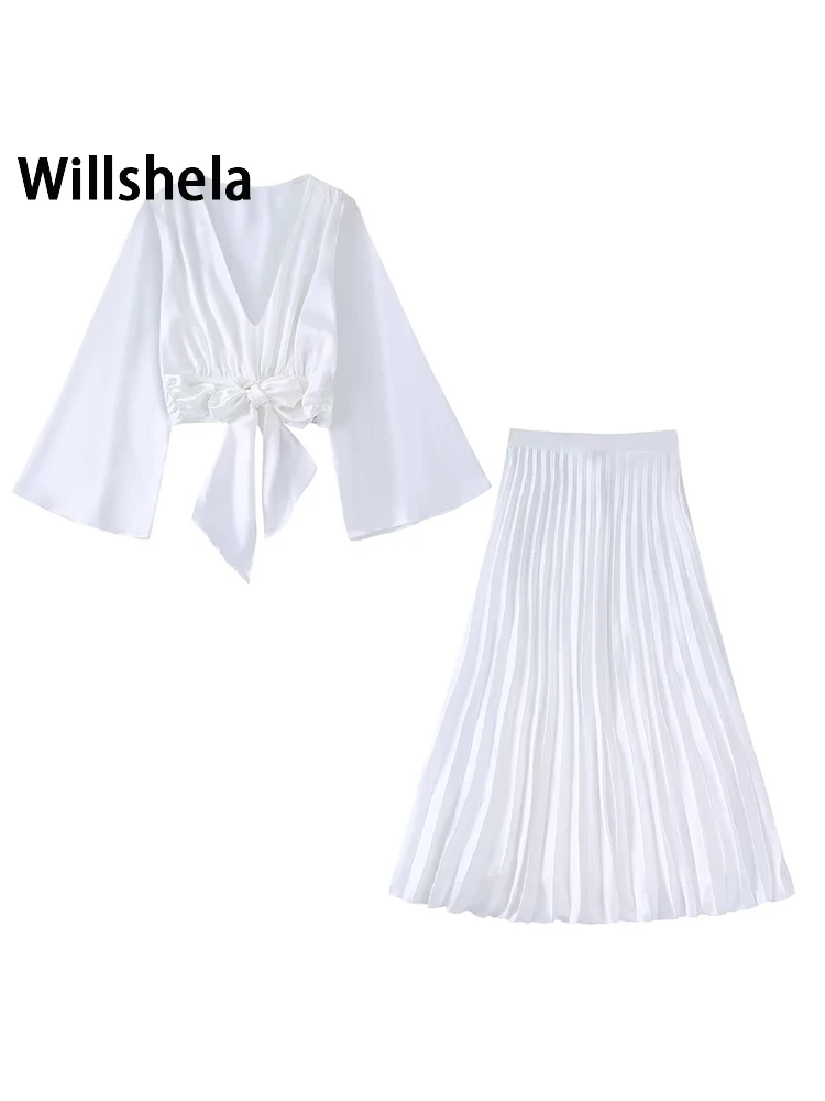 

Willshela женский модный комплект из 2 предметов, однотонная плиссированная Укороченная рубашка и винтажная юбка миди на молнии сбоку, шикарные женские юбки, комплекты