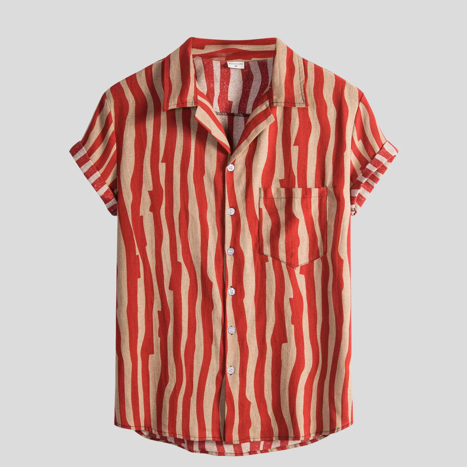 

Casual Shirt Short Print Button Collar Stripe Blouse Sleeve Men's Turn-Down Men Shirts Mens Casual Loose Tee