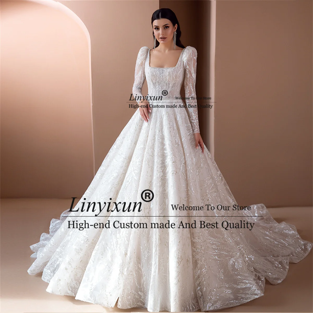 

Long Sleeve Ball Gown Wedding Dress Beading Belt Robes De Mariage Luxury Trouwjurk Illusion Back Sweep Train Vestido De Noiva