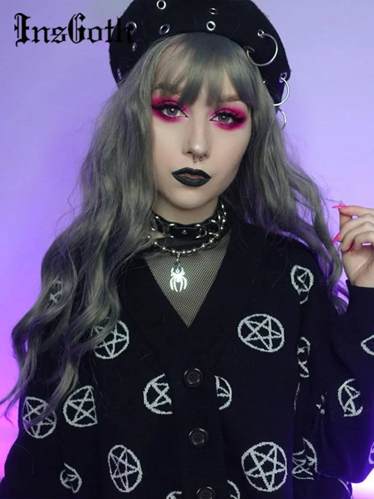

InsGoth Gothic Black Knitted Cardigan Women Fairy Grunge Oversized Sweater Cardigan Y2K Pentagram Print Long Sleeve Autumn Coats