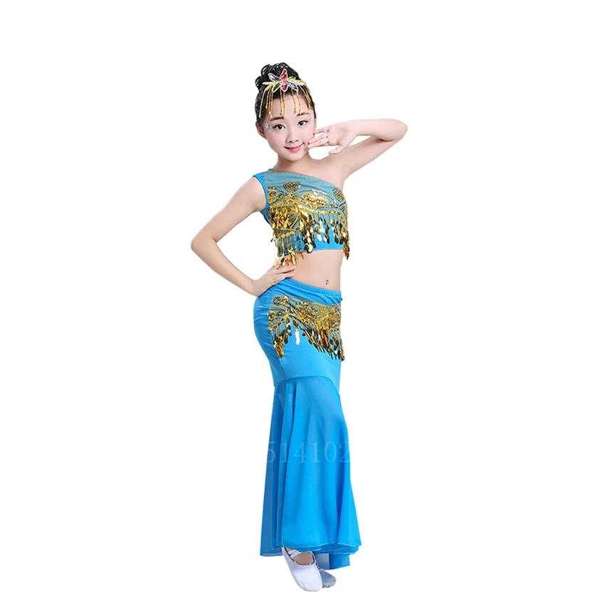 Children Egypt Performance Pratice Clothes Oriental India National Girl Sequins Shoulder Off Tail Belly Skirt Bellydance Costume images - 6