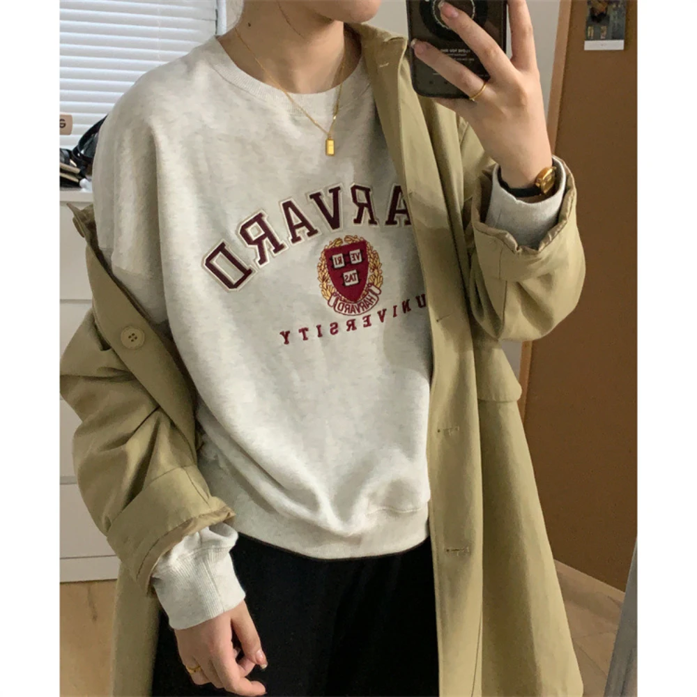 

Spring American loose letter embroidery pure cotton round neck long-sleeved pullover sweater sports shan top women