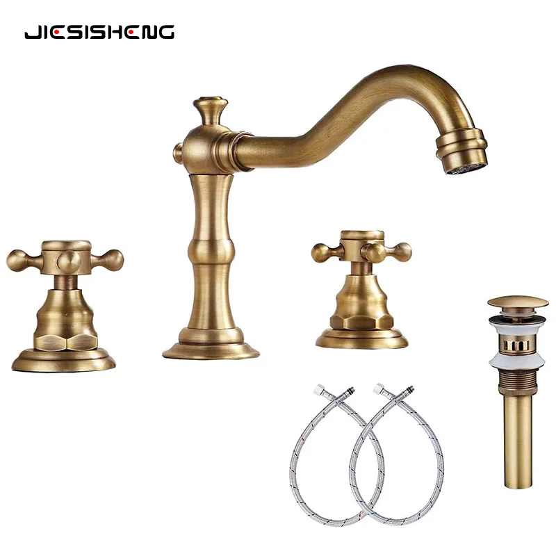 

Широко распространенный смеситель для раковины в ванной комнате, 3-луночный смеситель для палубы с двойной ручкой, смеситель для горячей и холодной воды, щетка, никель, хромированная отделка