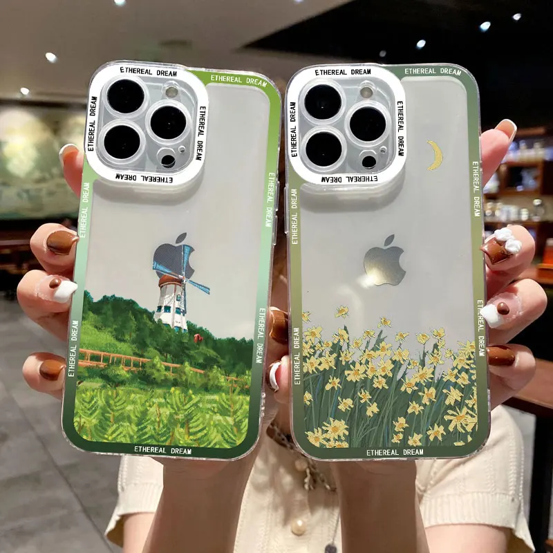 

Field Flower Scenery Clear Phone Case For iphone 11 14 12 13 Pro Max 14 Plus 7 8 Plus SE 2020 X XR XS Transparent Cover Fundas