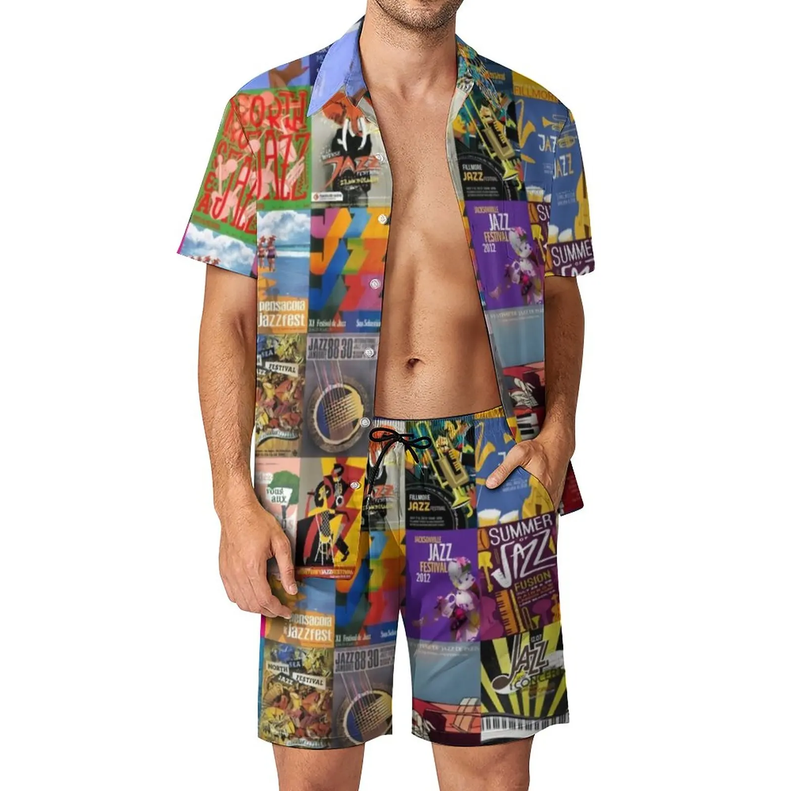 

Jazz Festivals Men Sets New Orleans Music Funny Casual Shirt Set Short-Sleeve Design Shorts Summer Fitness Outdoor Suit Big Size
