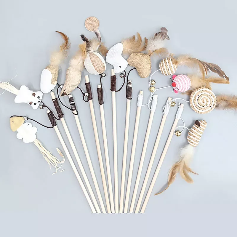 

40cm Wood Pet Toys Cat Teaser Rod Interactive Funny Cat Rod Linen Knitted Stick With Mini Bell Cat Accessories Pet Supplies