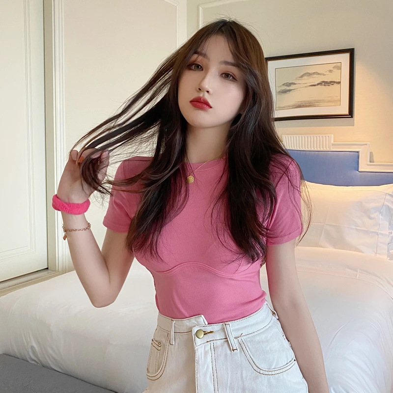 

Футболка женская хлопковая облегающая, однотонный пикантный топ с коротким рукавом в Корейском стиле, модная уличная одежда, на лето