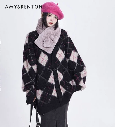 

Winter Retro Rhombus Plaid Sweaters Preppy Style V-neck Lantern Sleeve Knitted Cardigan Loose Slim Commuting Cardigan Women