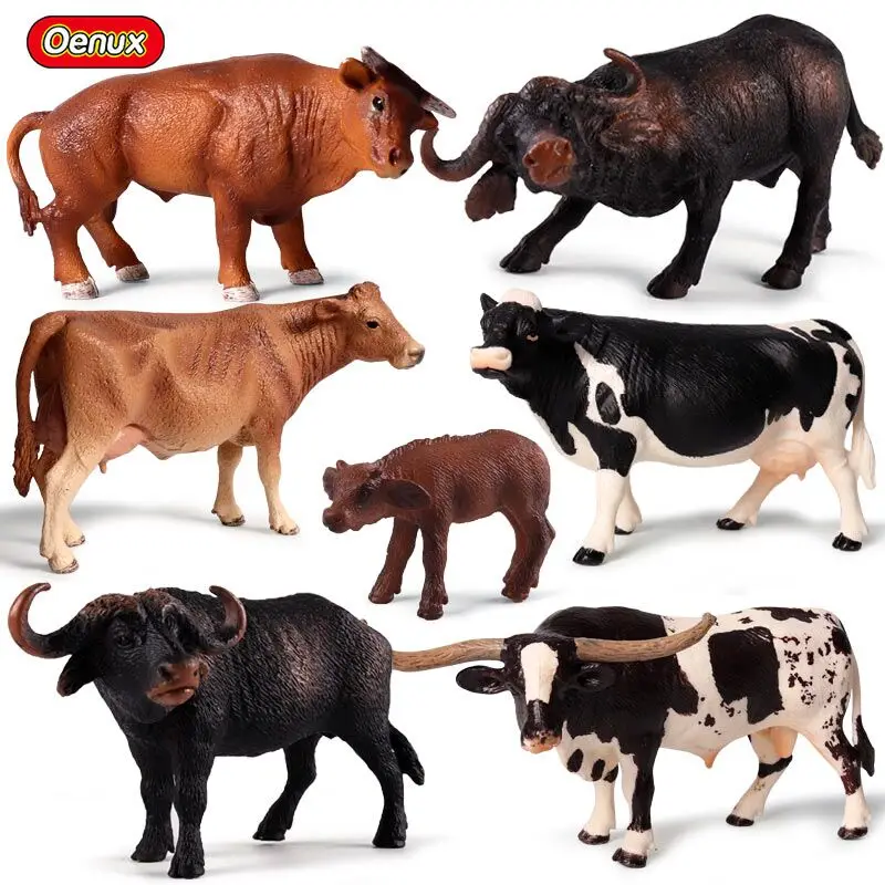 

Oenux Farm Animals Simulation Poultry Cow Cattle Calf OX Bull Action Figures Figurine PVC Cute Model Education Toy For Kids Gift