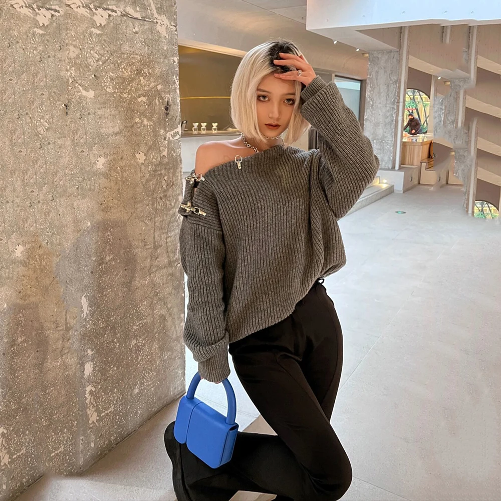 

Off Shoulder Metal Buckle Knitted Sweater For Women 2022 Spring Autumn Lantern Long Sleeve Dress Ladies Casual Pullover Gray Top