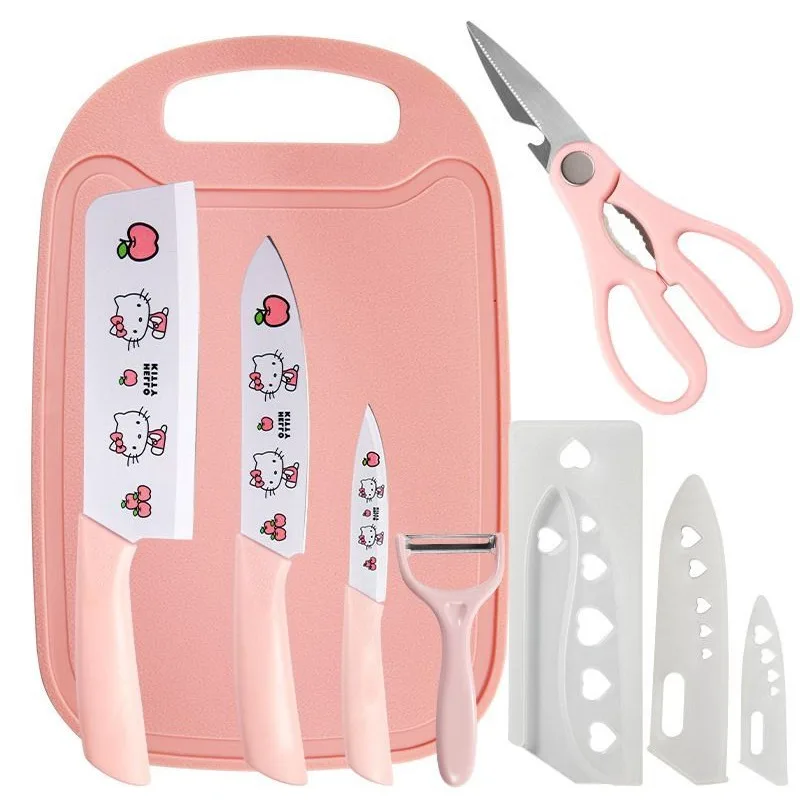 

6pcs Sanrios Hello Kittys Knife Kitchen Knife Dormitory Kitchen Kawaii Cute Style Cartoon Anime Pattern Cutting Vegetables Fruit