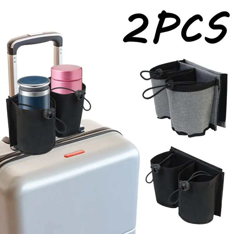 

Hands-Free Travel Essential 2 Pcs Black Grey Cup Holder for Suitcases and Luggage - Travel Drink Holder for Suitcase Handles.