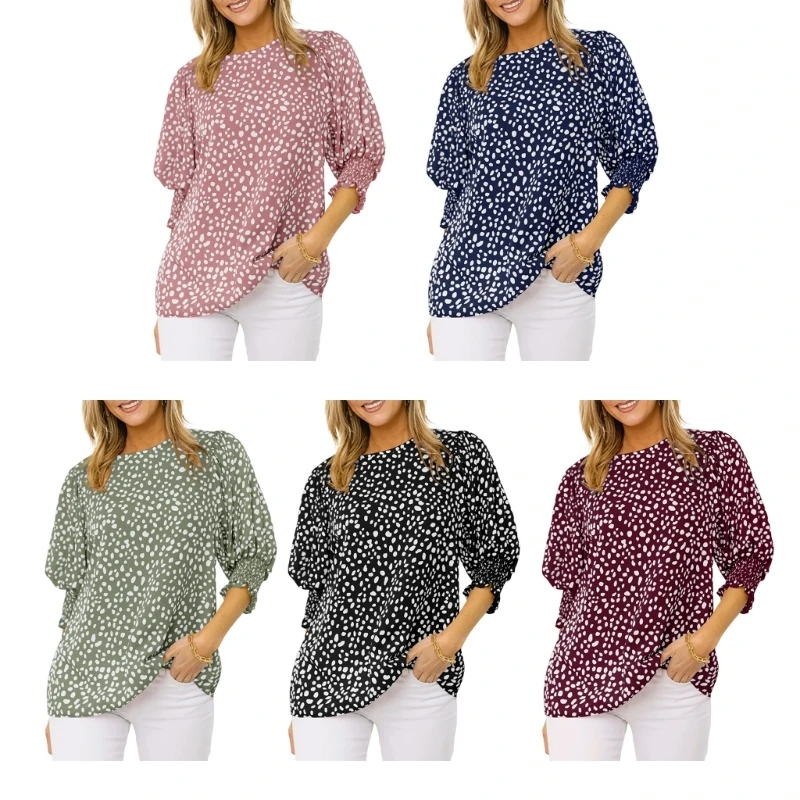 

Women Summer Puff Half Sleeve Crewneck Chiffon Blouses Tops Animal Dot Print Keyhole Back Casual Loose Fit Tunic Shirts