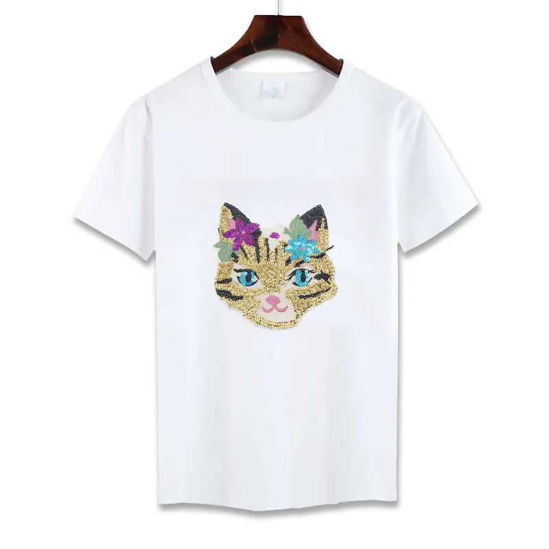 

Handmade Women's T-Shirt Personalized Sequined Gold Cat T shirts for Women Modal Elastic Short Sleeve O-Neck Skinny Tees Women