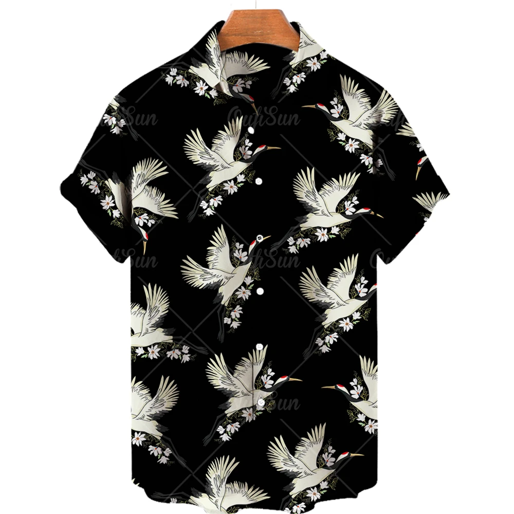 2022 New 3D crane printed men's shirt short sleeve Hawaiian beach shirt oversized street wear shirt