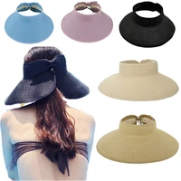 summer empty top bow straw hats women foldable big brim beach cap portable anti uv sunshade hat elegant lady sun visor caps
