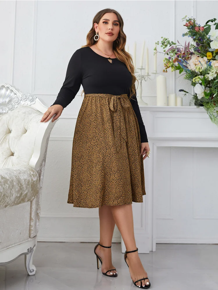 Fashion Leopard print plus size loose long-sleeved women party dresses