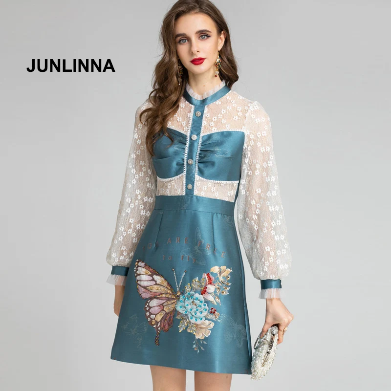 

JUNLINNA Fashion Elegant Women Princess Dress Stand Collar Lace Panelled Sequins and Beading Embroidery Vestidos