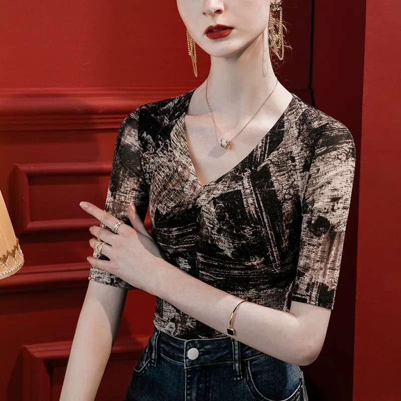 

High Quality 2023 Women Shiner T-shirt Gauze Tie-dye Style Design Autumn Sexy Crop Top Clothes Casual Blouses Grace Meeting Y2K