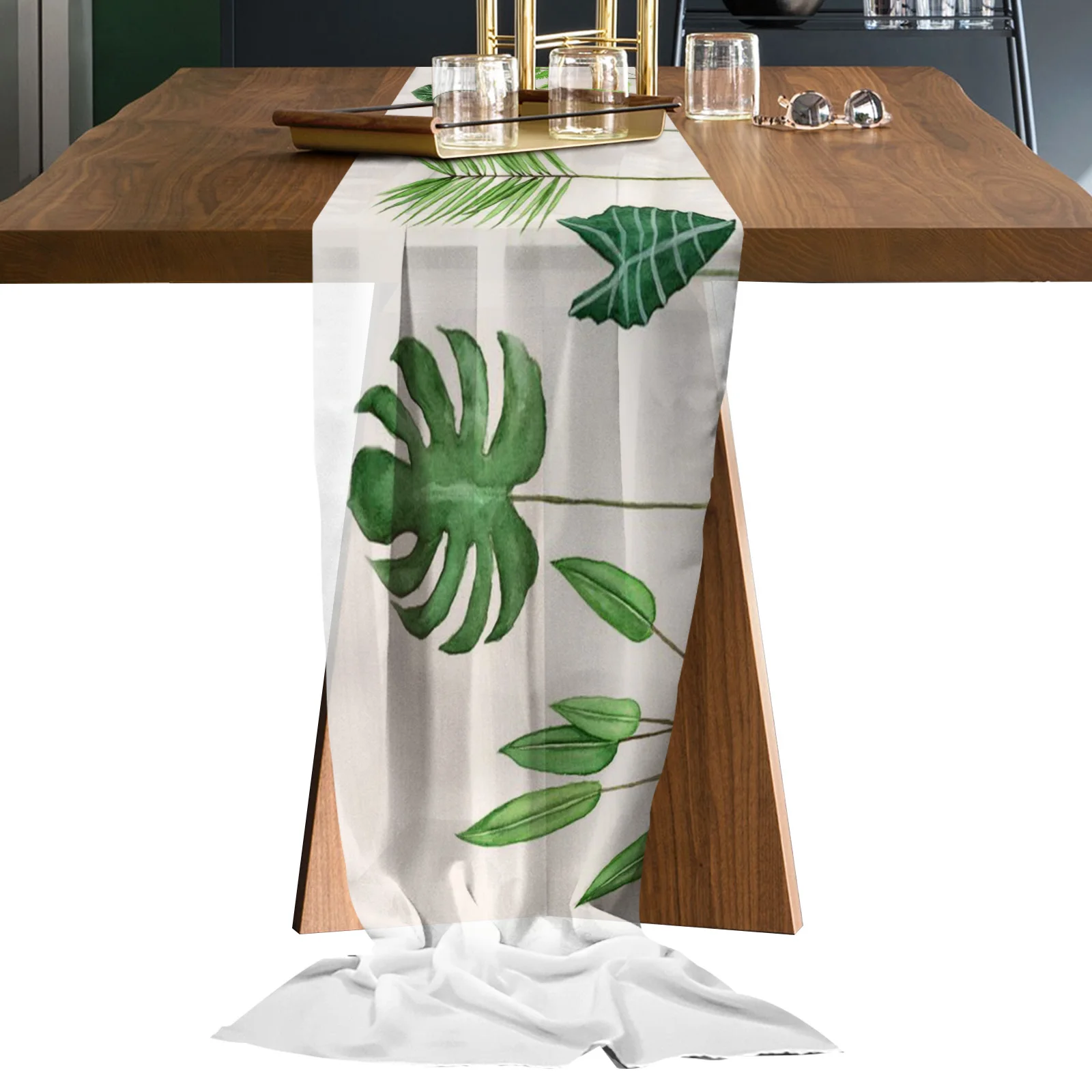 

White Tropical Leaves Chiffon Table Runners Wedding Party Decor Tablecloth Gauze Table Runner for Home Coffee Table