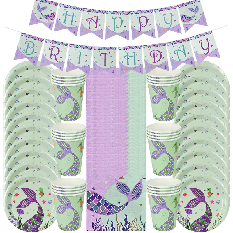 

61 шт. набор одноразовой посуды для вечеринки «русалка», тарелки для салфеток, чашки под морем, детский душ «Русалочка», принадлежности для в...