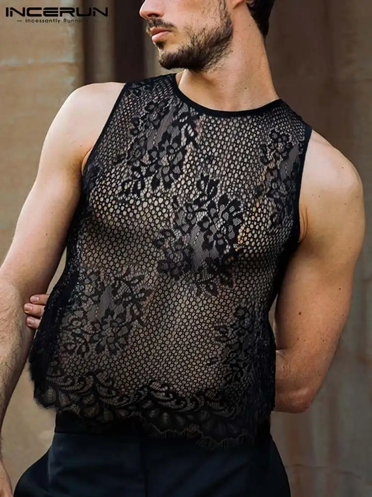 

Men Tank Tops Lace O-neck Sleeveless 2022 Mesh Transparent Men Clothing Streetwear Fitness Sexy Party Nightclub Vests INCERUN