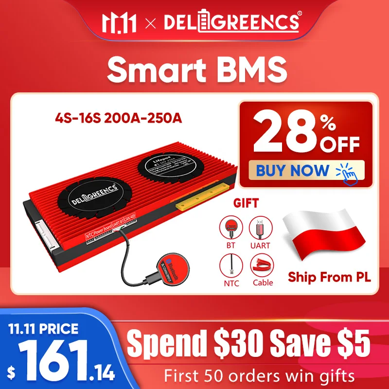 

В наличии в Польше, флюоресцентная Версия 8S 16S BMS 200A 250A Smart BMS для аккумулятора LifePO4 12В 24В 48В с Bluetooth UART кабелем NTC для EV Solar