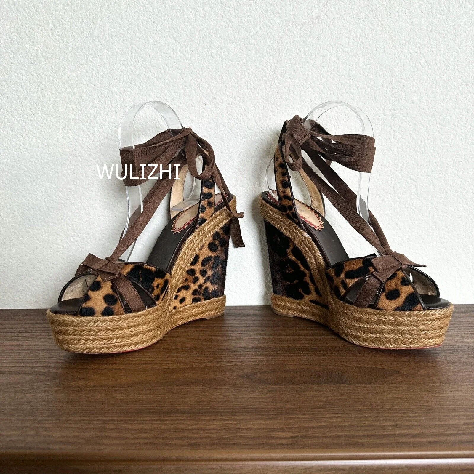 Wedge Leopard Woven Straw Sandals Women Casual Brown Black Suede Velvet Cotton Open Slingback Heels Ankle Straps Lace Beach Shoe