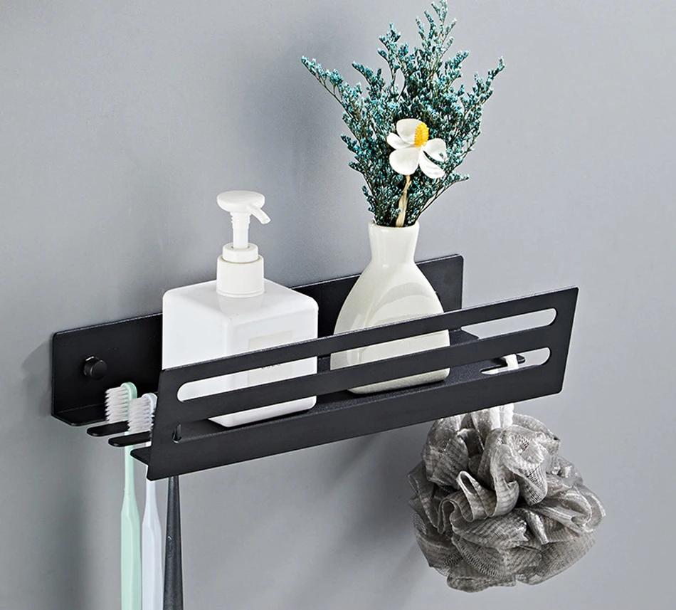 

Space Aluminum Bathroom Rack Matt Black Kitchen Rectangular Shelf Shampoo Soap Storage Towel Holder Bathroom Shelves Organizer