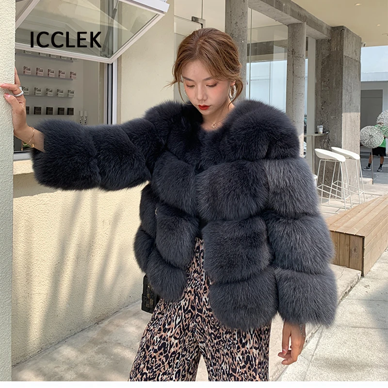 100% Real Fox Fur Coat Winter Women Round Neck Genuine Fur Coat Clothes Thick Warmer Long Sleeves Natural Fur Jackets Outwear enlarge