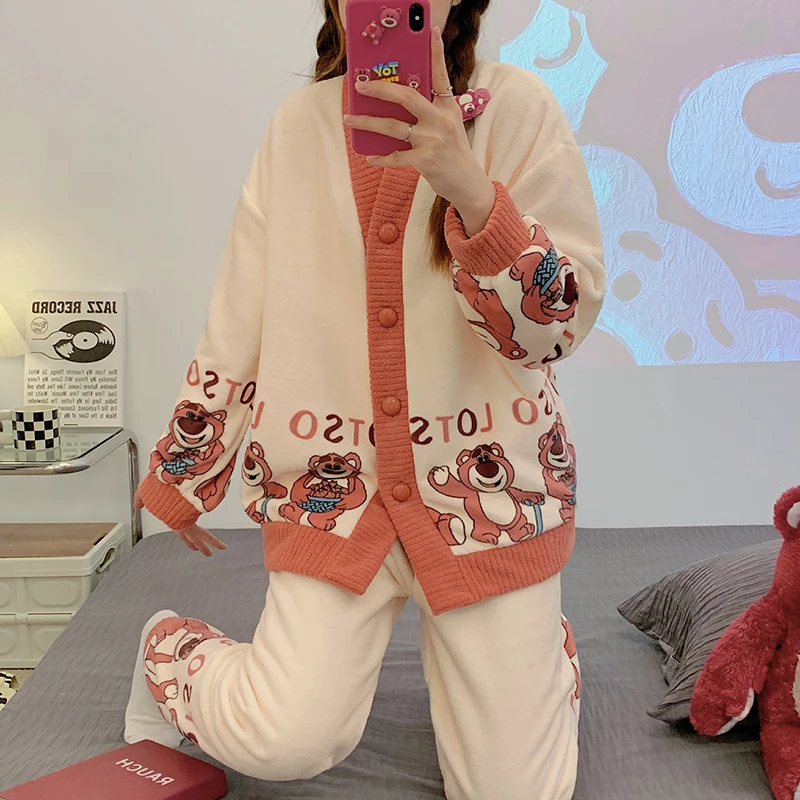Women 2Pcs Suit Sweet Cute Bear Pyjamas Winter Warm Cardigan Cartoon Flannel Pajamas Set Home Female Fleece Thicken Sleepwear