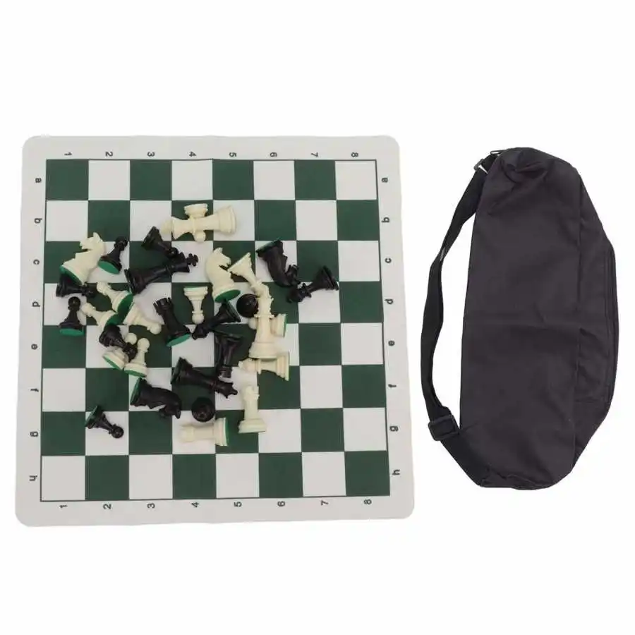 

International Chess Set Plastic Chess Pieces PU Imitation Leather Chessboard with Zippered Back Pocket for Outdoor Camping