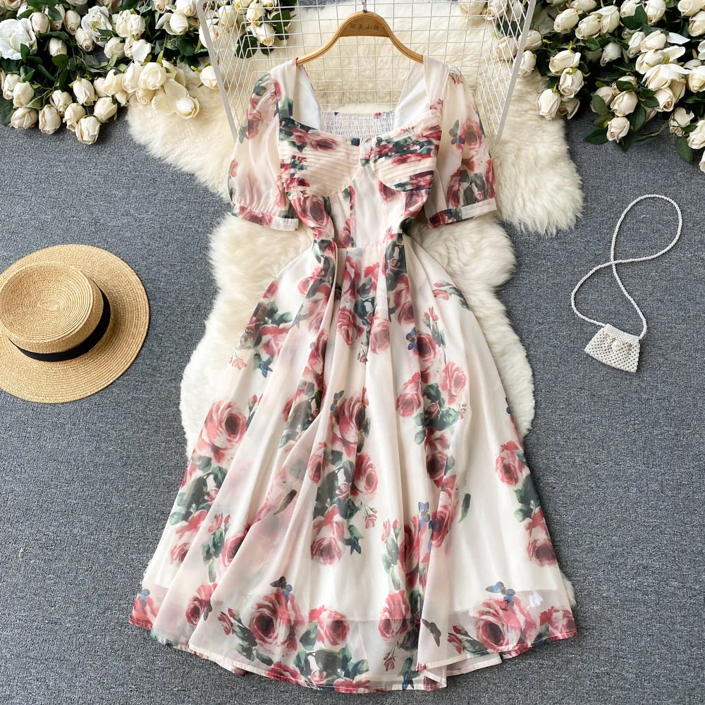 

Dress Summer Fashion Women's Retro Print Bubble Sleeve Medium Length Dress