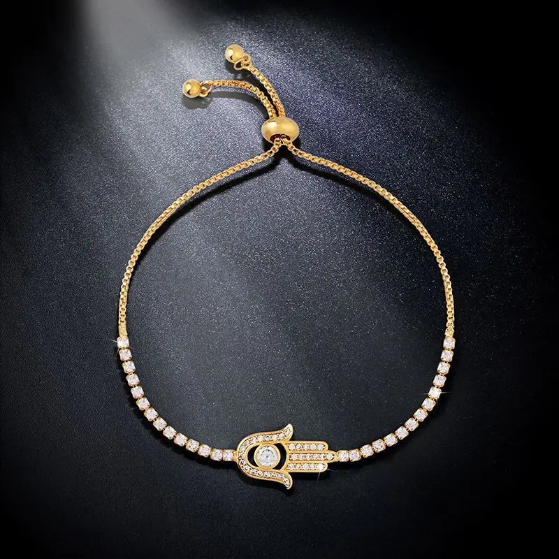 

Fatima´s Hand Iced Out Bracelet Lady Birthday Gift Fashion Jewelry Inlaid Zircon Hamsa Adjustable Bracelet Girlfriend Wholesale
