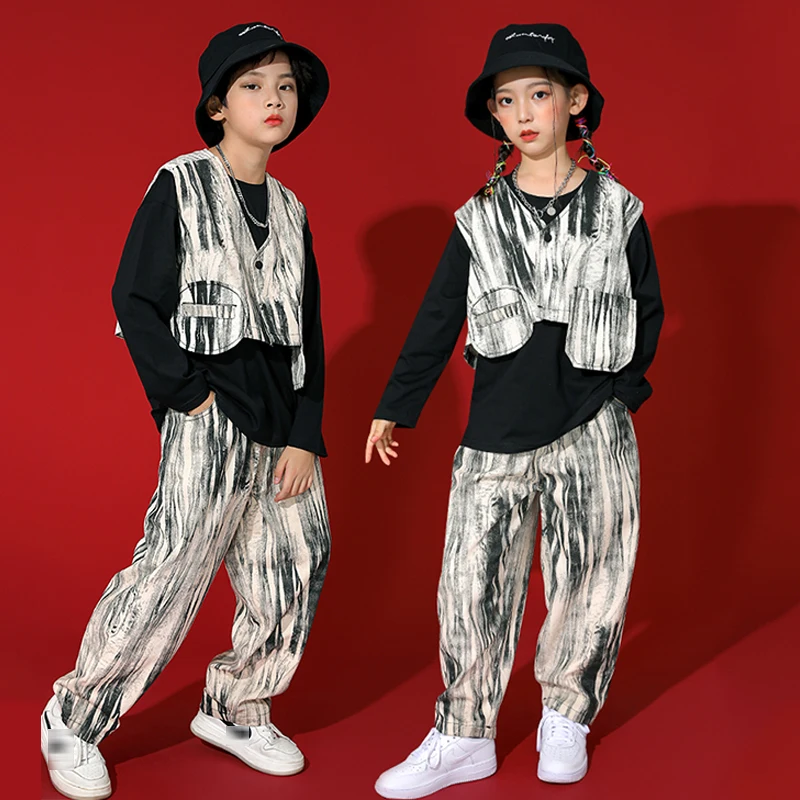 

2021 Boys Hip Hop Dance Costume Tide Girls Clothes Sweatshirt Vest Pants Ballroom Street Dancing Show Clothing Rave Wear BL7314