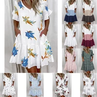 2022 fashion casual ruffles loose v neck dress women summer short sleeve floral print woman dress white beach dresses