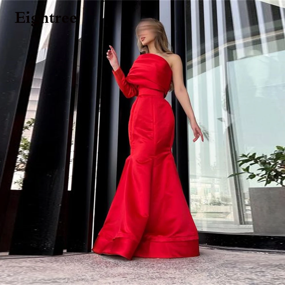 

Eightree Red One Shoulder Evening Dresses Mermaid Stain Dubai Arabic Women Formal Prom Gowns Robes De Soirée Party Dress 2022