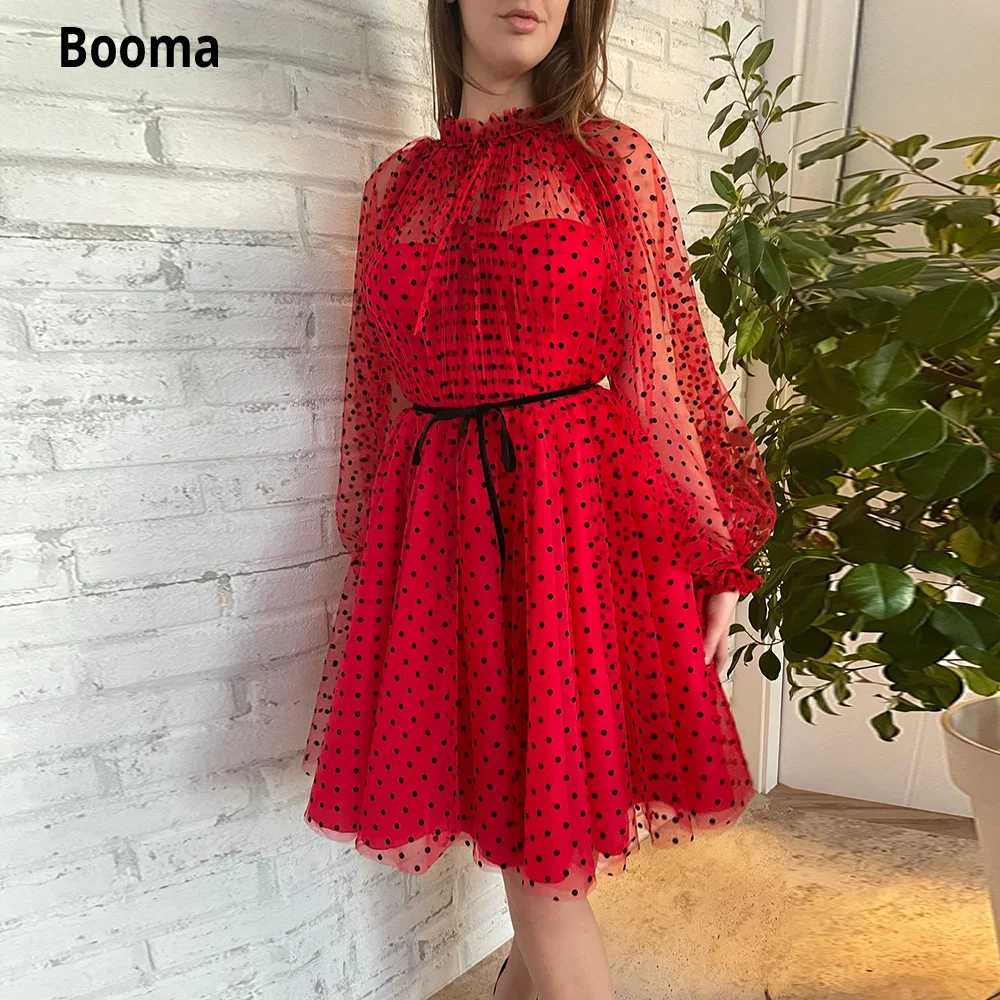 

Booma Red Polka Dots Tulle Midi Prom Dresses Sheer Neckline Long Sleeves Knee-Length Party Dresses A-Line Short Prom Gowns