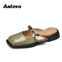 antovo sandals flat half slippers female lazy outerwear baotou leather durable ms mules sandals sandalias mujer verano 2022