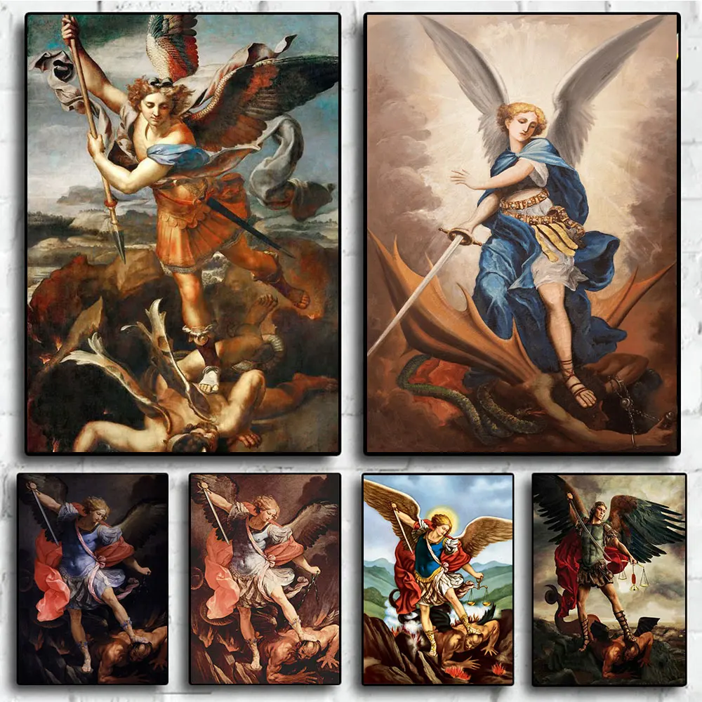 

The Holy Archangel Michael Posters Print Vintage Devil Canvas Painting Wall Art Classic Religious Angel Pictures Room Home Decor