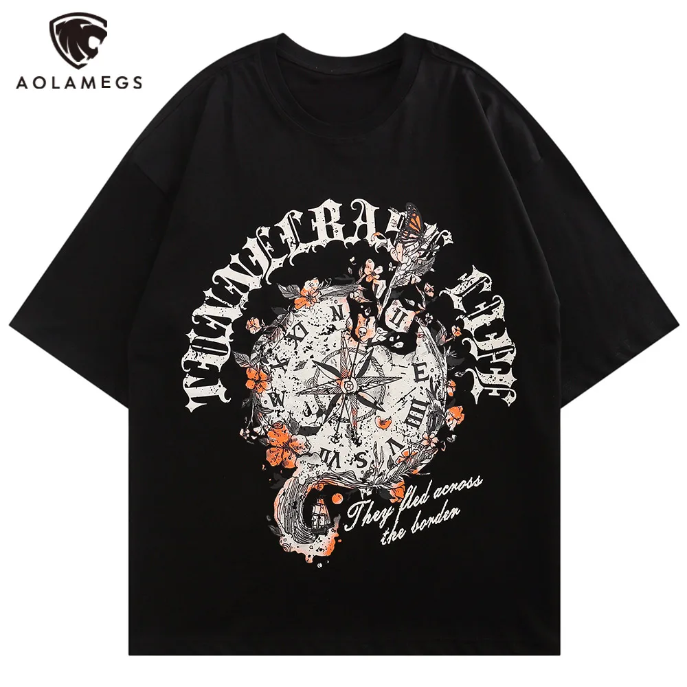 

Aolamegs Men's Oversized T-Shirts Abstract Clock Graphics Print T Shirt Summer Hip Hop Top Tees Casual Fashion Couple Streetwear