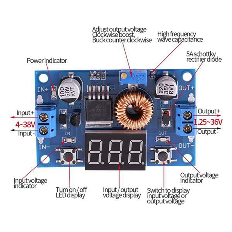 Регулируемый понижающий модуль XL4015 75 Вт с дисплеем вольтметра 1 шт. 5 А - купить по
