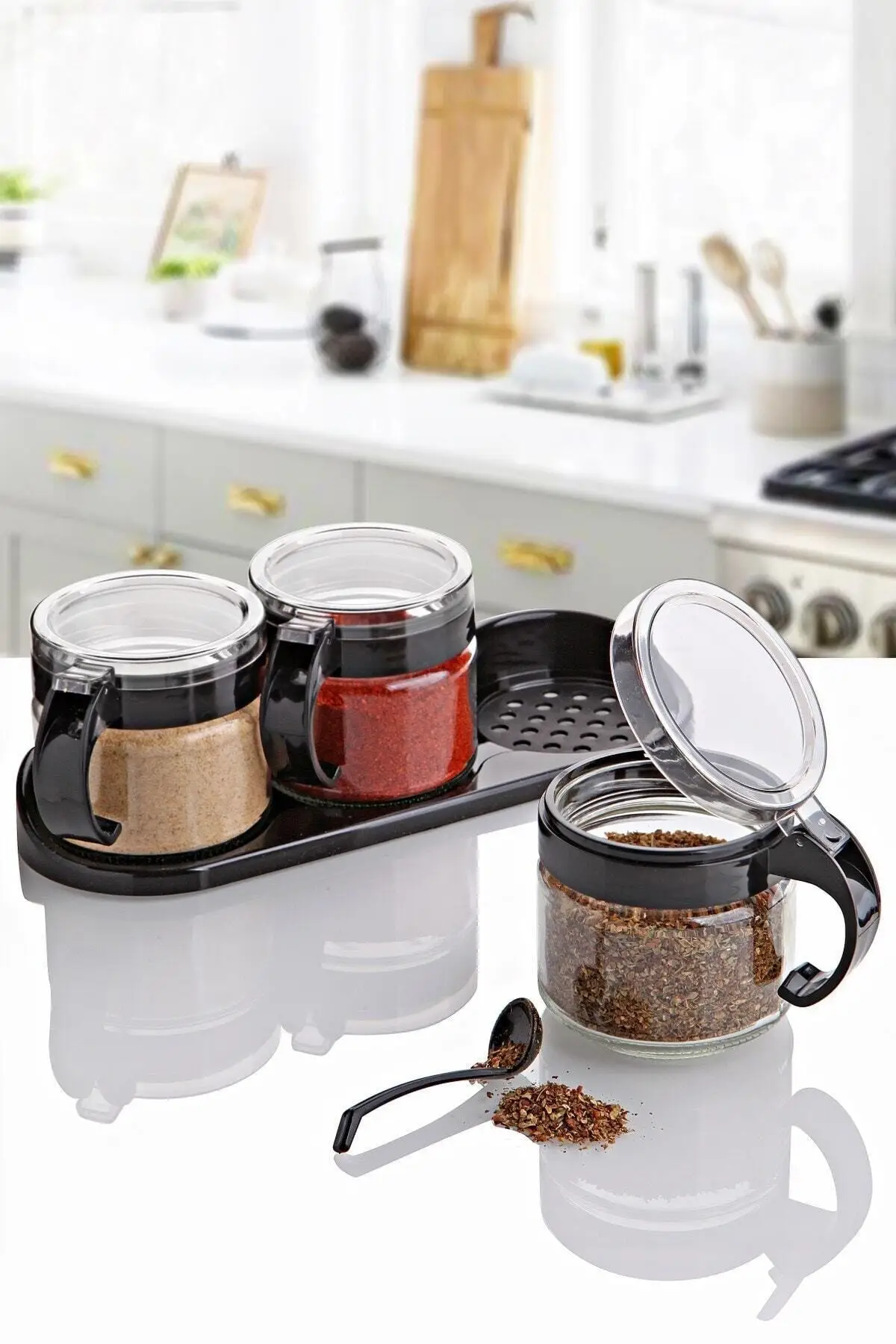 

Kitchen Supplies - Lux 3-Piece Spice Set with Stand and Spoon - Practical Use - Gift - Home Decoration & Storage