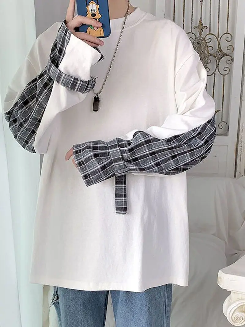 

White Cotton T-Shirt Men Patchwork Autumn Tops Long Sleeve Men T Shirt Fashion Gothic Japan Hip Hop Funny Vintage T Shirt Girls