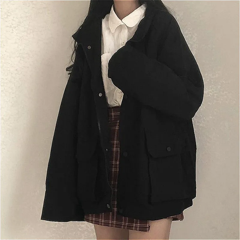 

Solid Color 2022 Autumn Mid-length Korean Version Loose Tooling Jacket Wild New Student Ins Tide Short Long-sleeved Jacket