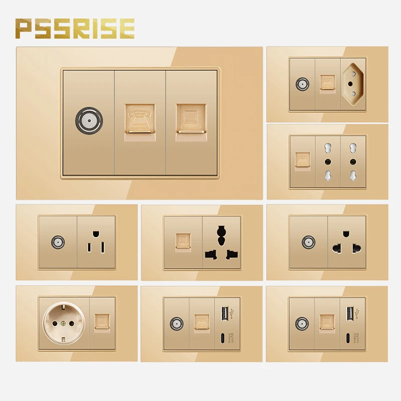 

PSSRISE 118 Type AU US Brazil Wall Computer TEL TV Socket Tempered Glass Panel Power Outlet with 5V 2.1A USB Type-c Fast Charger