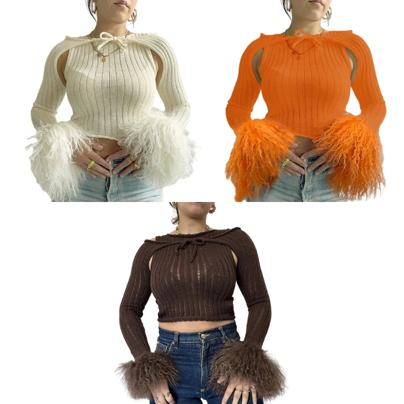 

F42F Women's Long Sleeve Knit Tops Cardigan Shrugs 2 Pieces Crop Top Sweater Set